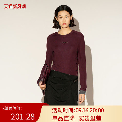 XG/雪歌26年春季新款酒红色圆领长袖针织衫女打底衫XL101007A115