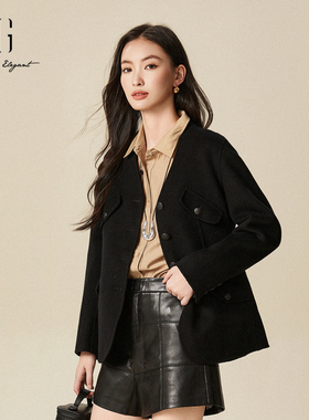 XG雪歌2024冬季新款黑色高级感V领单排扣毛呢外套女XJ410050A190