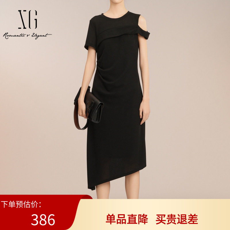 雪歌露肩设计不规则连衣裙2025夏季新款短袖中长裙女XK204030A290