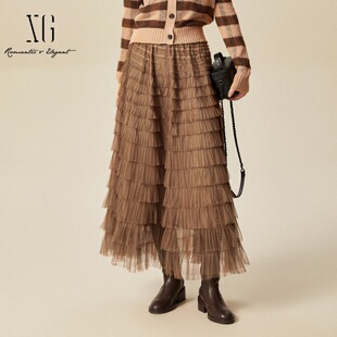 XG/雪歌专柜同款2024冬新款蛋糕裙半身裙女咖色长裙XJ403022A309