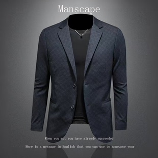 轻奢高级感小西装外套男修身春秋季青年休闲印花格子单件西服上衣