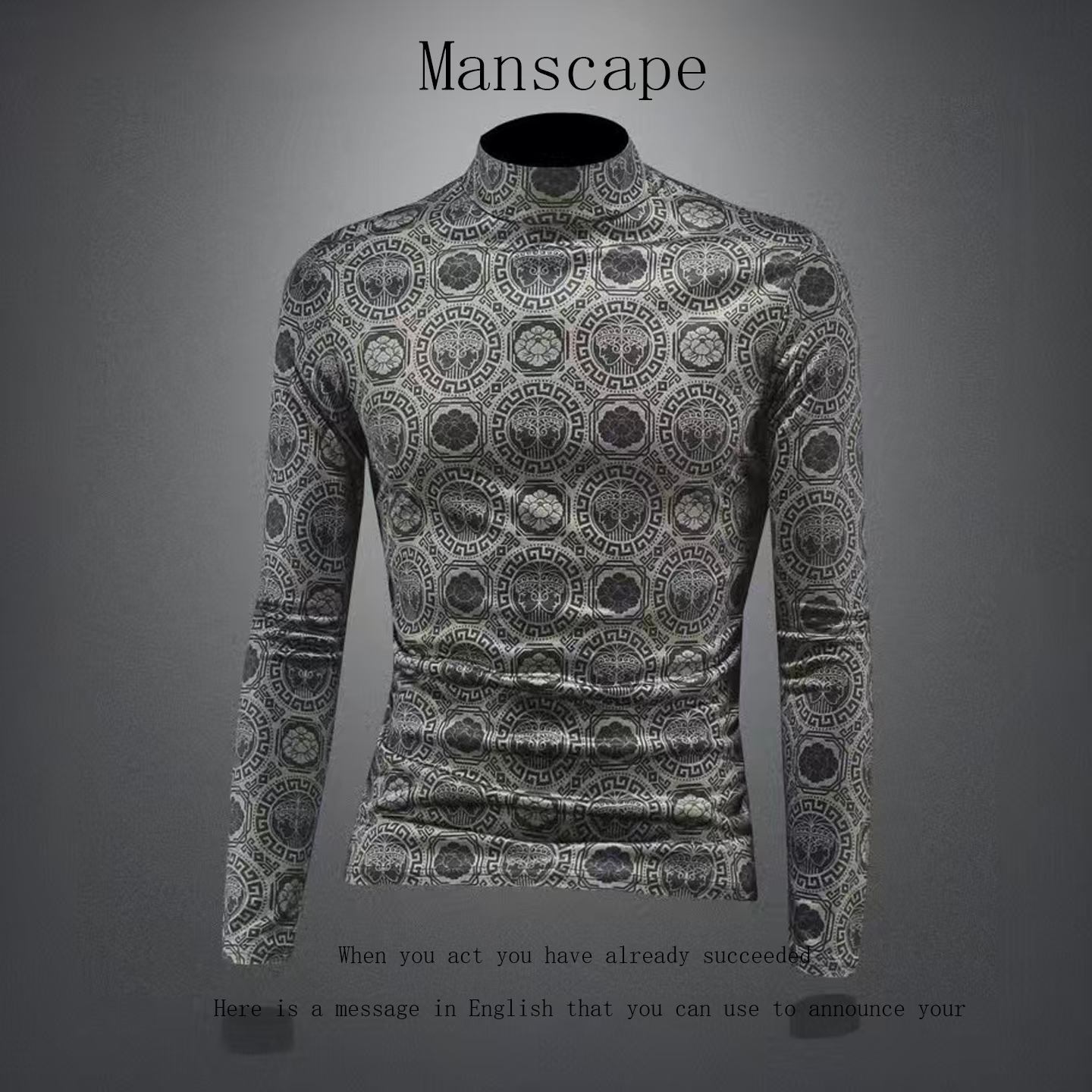 轻奢2025新款半高领长袖印花T恤打底衫男士修身高端个性上衣内搭