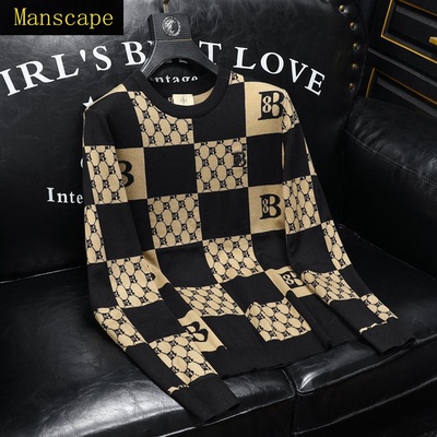 轻奢棋盘格男士圆领修身针织衫