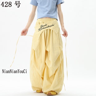 寬松夏季 428美式 傘兵褲 設(shè)計感黃色闊腿褲 復(fù)古字母刺繡休閑薄款 女