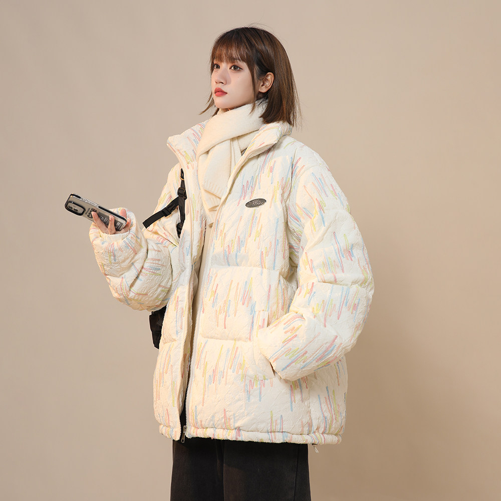 428韩系甜美米白色羽绒棉服女2025新冬季褶皱条纹保暖短款夹棉衣