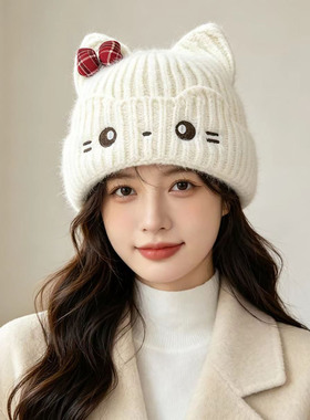 甜美可爱猫咪蝴蝶结针织帽秋冬季百搭保暖防寒帽子女显脸小毛线帽
