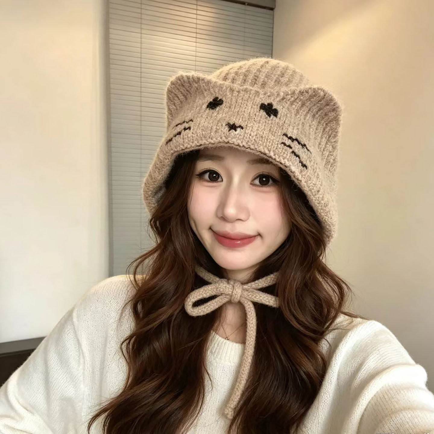 韩系可爱猫耳针织帽女秋冬保暖护耳百搭显脸小毛线帽