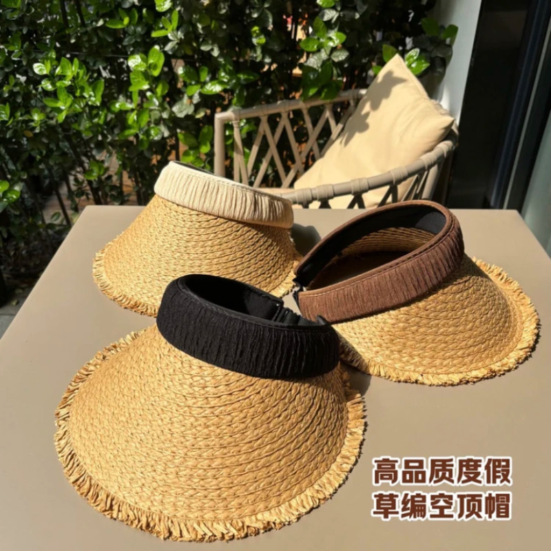 夏季手工草编空顶可折叠太阳帽女