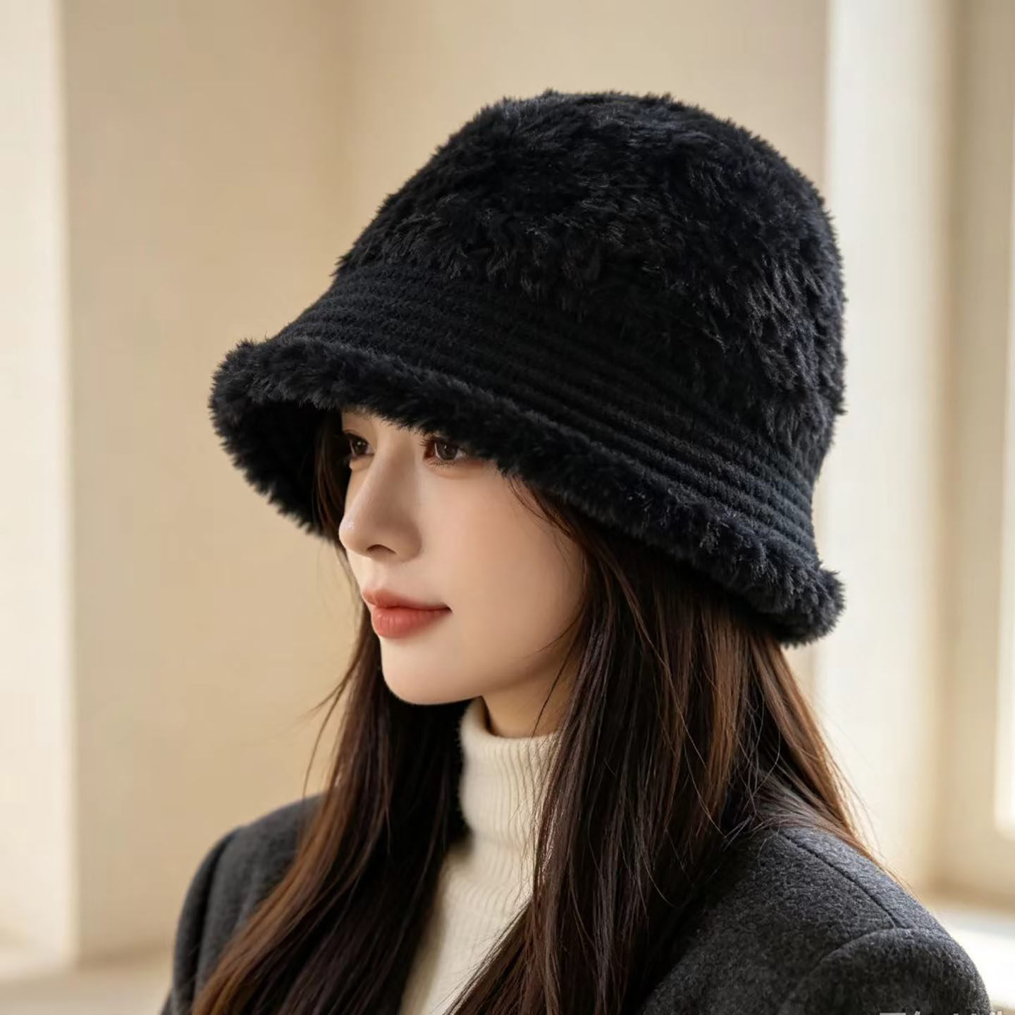 毛绒绒不规则渔夫帽子女秋冬季保暖百搭毛线盆帽韩版大头围帽子女