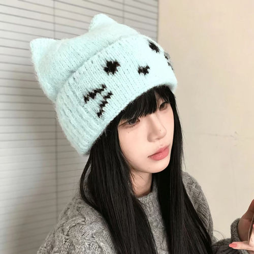可爱猫耳朵毛线帽女秋冬季保暖防寒帽子显脸小防风护耳针织包头帽