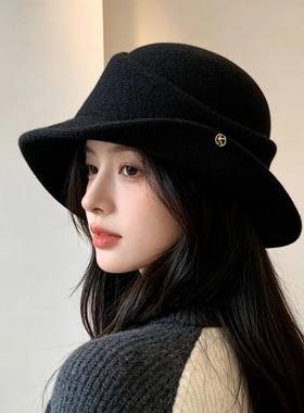 法式赫本风留洋千金礼帽冬季帽子女款大头围显脸小宽檐渔夫帽盆帽