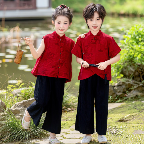 儿童唐装中国风红色表演服夏季