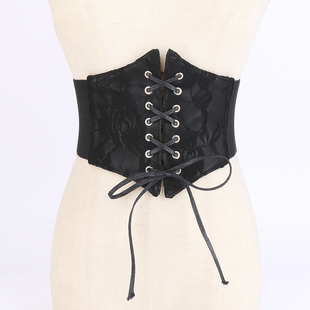 黑色蕾丝腰封女束腰外穿搭配装 复古弹力松紧宽腰带 饰连衣裙子法式