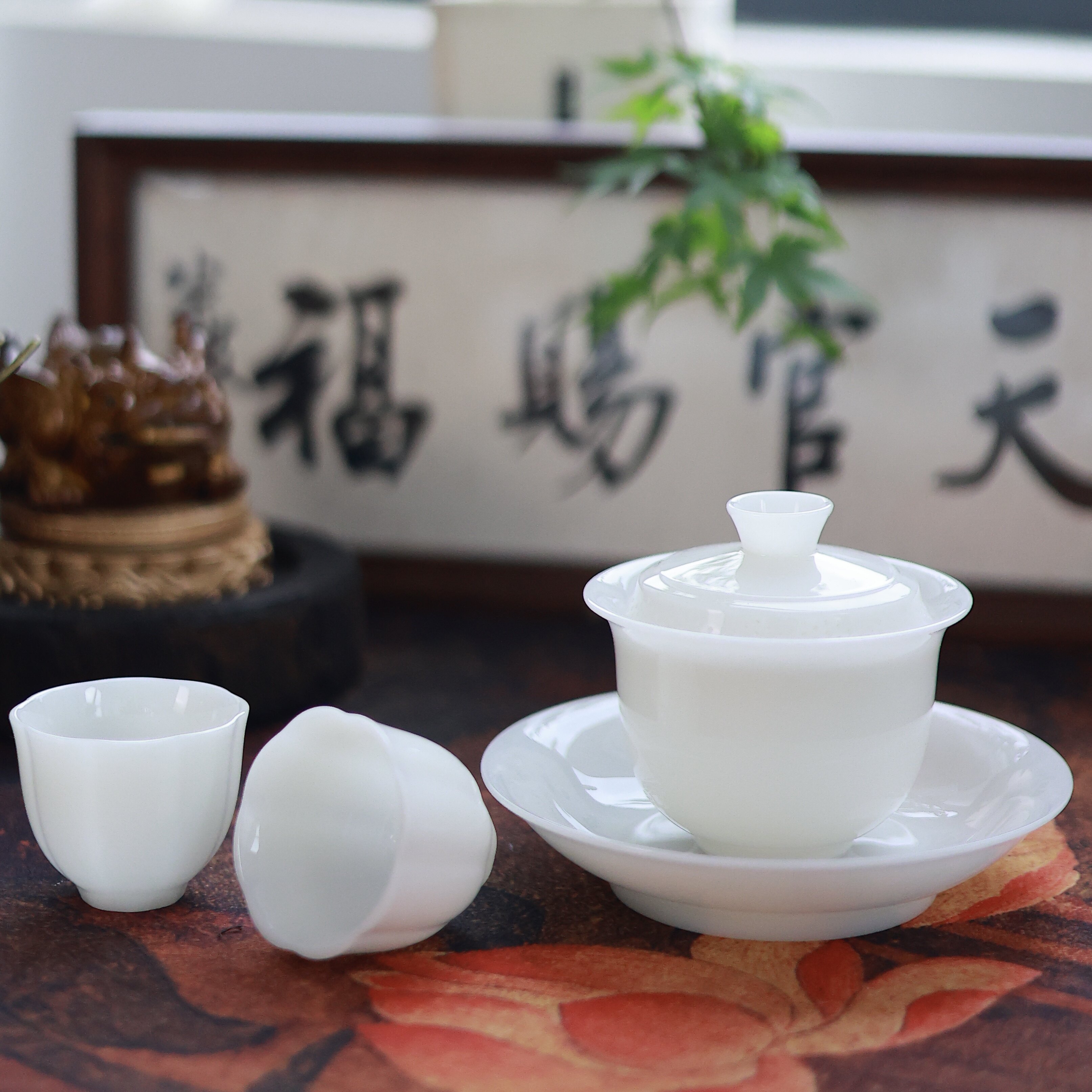 冰种璞玉陶瓷手绘盖碗360°出水茶室办公室专用功夫茶具高档茶盏