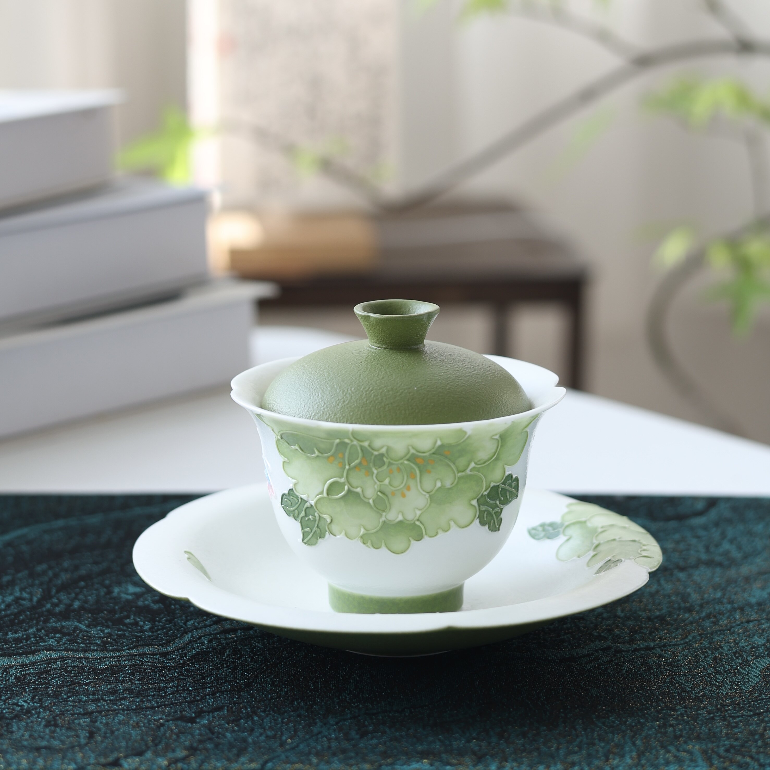 高端手绘牡丹花蝴蝶盖碗茶杯茶壶喝茶泡茶器简约家用办公民宿酒店