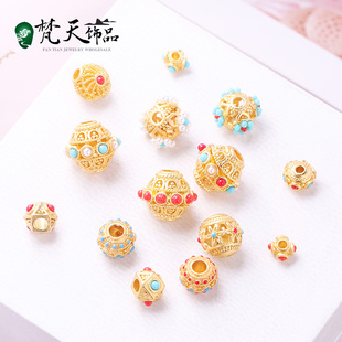 藏银合金隔珠仿绿松石玛瑙手链配件古法镀金镂空DIY手串配饰