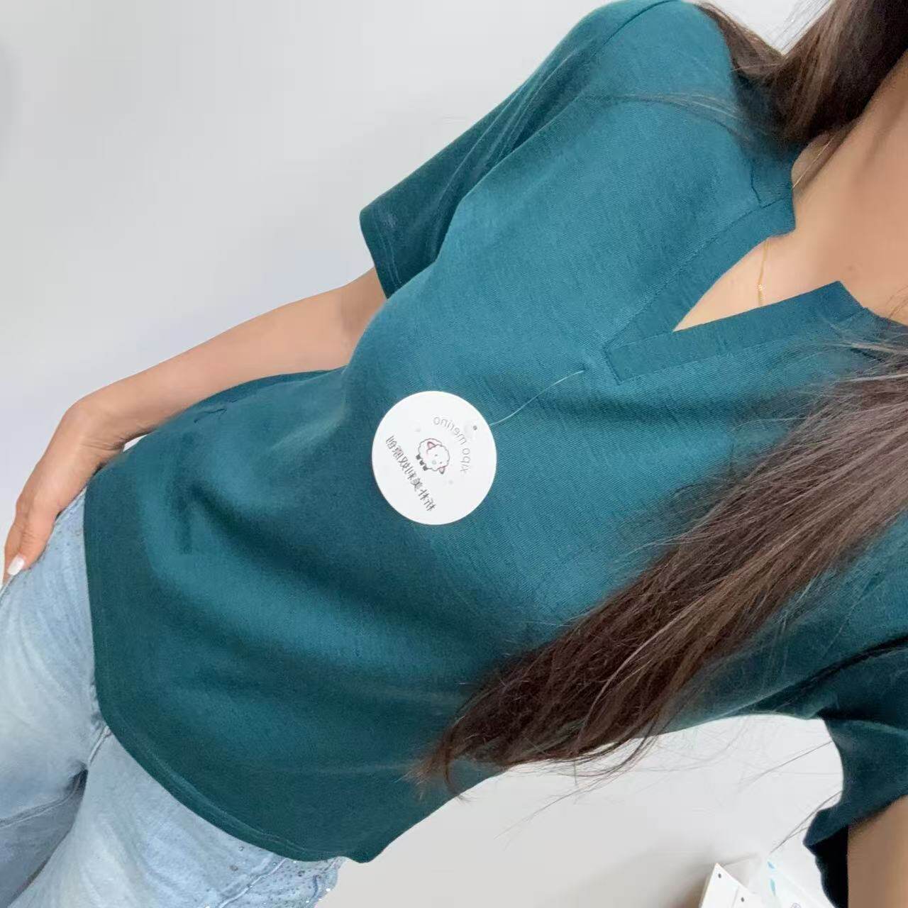 16.5μm女士美利奴全羊毛V领中袖夏季休闲T恤排汗速干上衣V领T恤图片