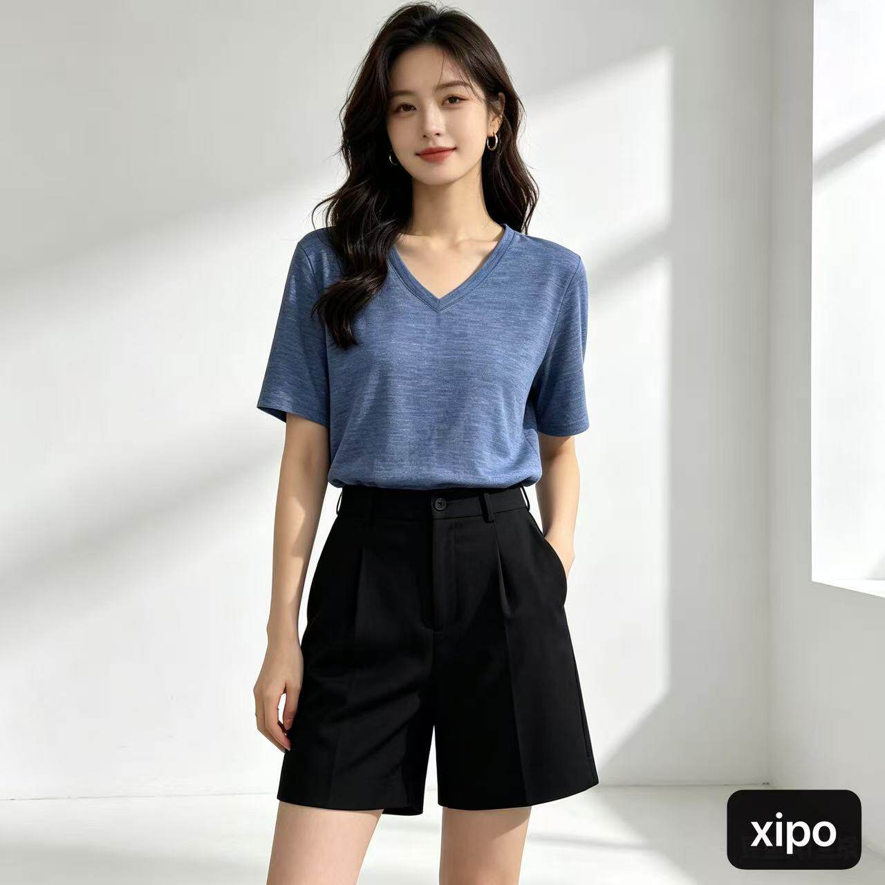 16.5μm女士美利奴全羊毛短袖夏季休闲T恤排汗速干上衣V领逛街T恤