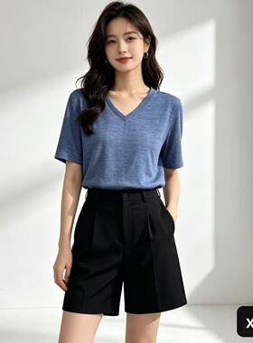16.5μm女士美利奴全羊毛短袖夏季休闲T恤排汗速干上衣V领逛街T恤