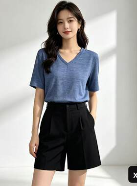 16.5μm女士美利奴全羊毛短袖夏季休闲T恤排汗速干上衣V领逛街T恤