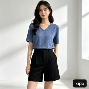 16.5μm女士美利奴全羊毛短袖夏季休闲T恤排汗速干上衣V领逛街T恤