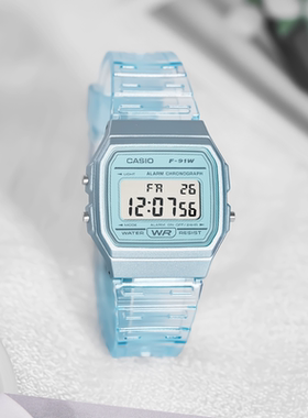 Casio卡西欧小方块手表男女学生果冻防水电子表F-91WS-2海外直邮