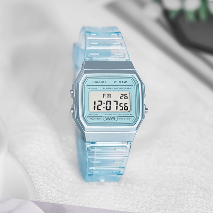 Casio卡西欧小方块手表男女学生果冻防水电子表F-91WS-2海外直邮