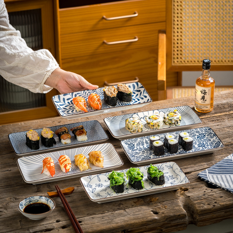 日式釉下彩陶瓷10英寸长方盘