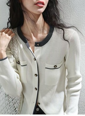 绝美小香风～圆领撞色针织开衫 长袖修身毛衣外套显瘦坑条针织衫