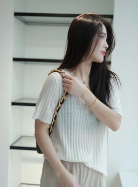 羊毛亚麻混纺短袖T恤女2024夏季新款坑条显瘦V领羊毛针织上衣舒适