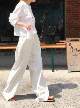 极简yuan轻薄透气亚麻抽绳松紧高腰休闲阔腿裤