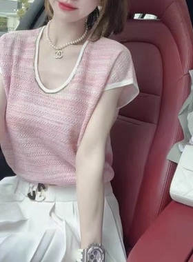 三色V领小香风短袖T恤意大利进口纱线上身巨好看 是耐看型的显瘦