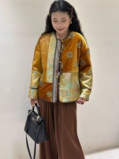 2025秋冬新款 百搭圆领拼接宋锦外套女 时尚