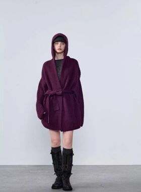 CJZP设计师品牌 2025秋冬新款时尚百搭连帽系带显瘦针织开衫女