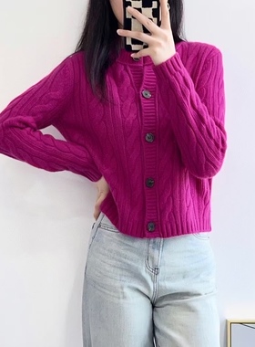 康赛尼羊绒～复古绞花圆领单排扣长袖羊绒毛衣开衫女新款实物超美