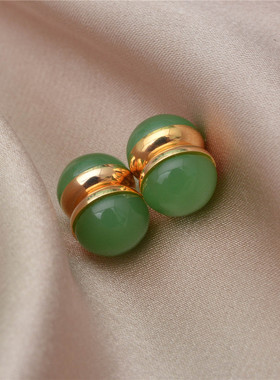 新中式复古仿玉绿色清新耳环免打孔双面吸铁石磁吸圆形耳夹无耳洞
