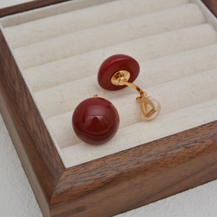 安可拉红色幸福半圆珠珠三角耳夹复古大气秋冬气质耳环无耳洞耳钉