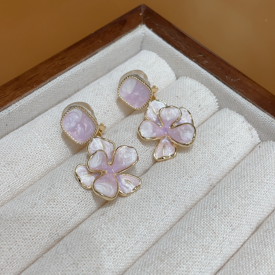 复古无耳洞粉紫色花朵流苏耳夹