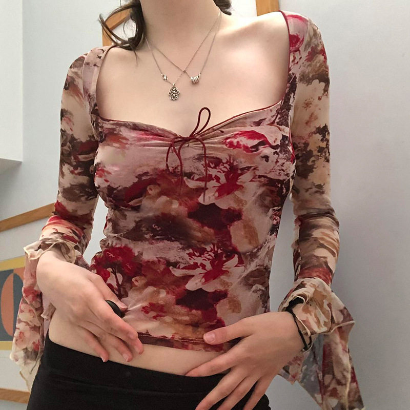 欧美女装花朵晕染方领系带网纱上衣短款轻薄小众T恤
