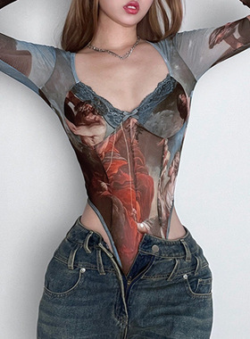 2024冬季新品气质时尚撞色古典人像印花蕾丝边低胸紧身连体衣女