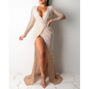 Sexy nightclub evening dress性感优雅长袖开叉夜店礼服连衣裙女