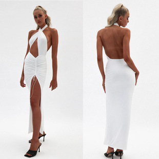 欧美风女装气质性感胸前交叉挂脖式连衣裙露背褶皱开叉纯色礼服裙