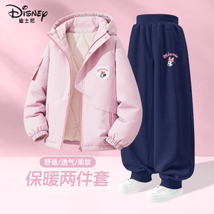 迪士尼女童冬装套装2026新款大童宽松保暖粉色棉服外套儿童休闲装