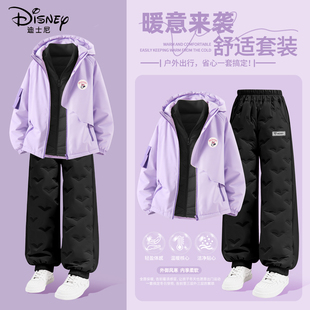 迪士尼女童冬装套装2026新款大童女孩冬季紫色保暖棉服儿童运动装