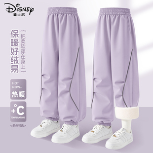 迪士尼女童加绒裤子2025新款冬季加厚保暖女孩童装工装裤儿童冬装