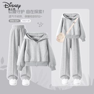 迪士尼女童套装春秋款2026新款灰色中大童女孩衣服儿童春装休闲装
