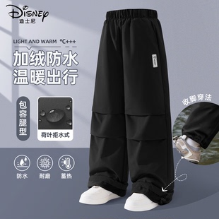 迪士尼男童加绒裤子工装风黑色痞帅大童运动伞兵裤儿童冬装休闲裤