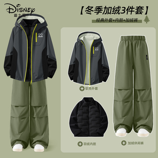 迪士尼男童加绒套装2025新款户外运动加厚潮流工装裤儿童冬装裤子