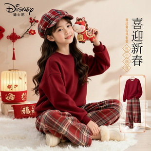 迪士尼拜年服女童2026新款马年红色卫衣套装中大童儿童冬装过年服