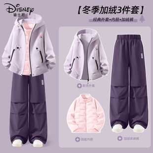 迪士尼女童加绒套装中大童冬季工装风户外可拆卸冲锋外套儿童冬装